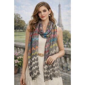 Lola Casademunt Linen Blend Chevron Print Scarf Gray Multi One Size